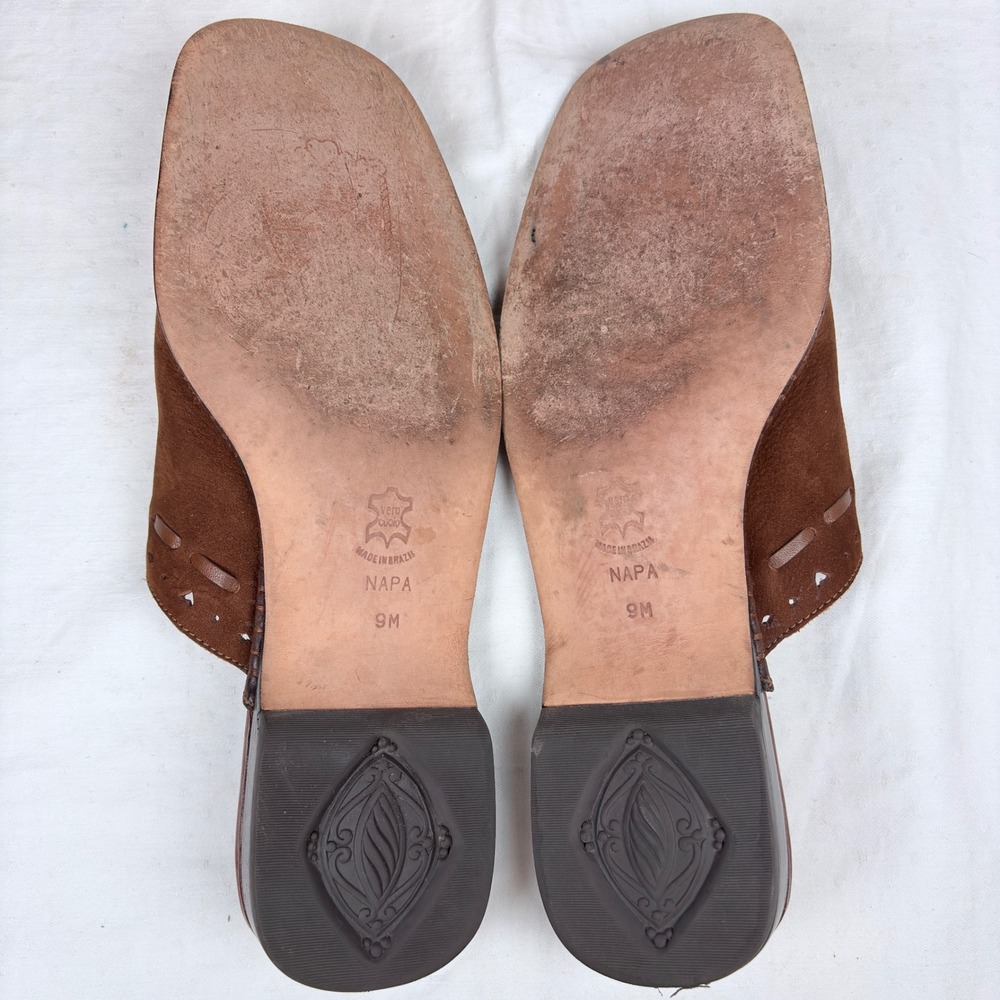 Brighton Napa Brown Suede Mules Square Toe Whipstitch Bow Shoes Women 9M Brazil - Picture 8 of 10